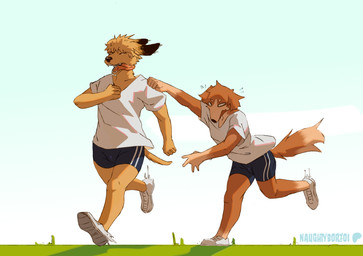 anthro bodily_fluids clothed clothing duo male male/male running tired tongue tongue_out naughty_borzoi smell_(mucknagabe) joseph_(mucknagabe) noi_(mucknagabe) border_collie canid canine canis collie domestic_dog herding_dog mammal pastoral_dog sheepdog hi_res
