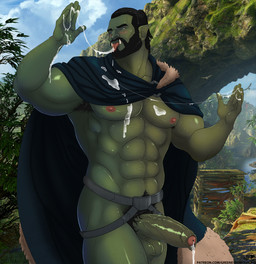 beard belt blue_eyes blush bodily_fluids body_hair cape chest_hair clothing cloud cum cum_drip cum_on_own_tongue cum_on_self cum_on_tongue cum_taste detailed_ambient_creature dripping facial_hair foreskin genital_fluids genitals group humanoid_genitalia humanoid_penis male mountain muscular muscular_humanoid muscular_male nipples not_furry penis plant pubes river self_taste sky solo_focus text tongue tongue_out tree trio vein veiny_penis water greeneyedwolfking karr_guldar ambient_bird ambient_flier avian bird humanoid orc hi_res url
