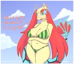 antennae_(anatomy) anthro anthrofied big_breasts bikini blush border breasts cleavage clothed clothing curvy_figure deep_navel dialogue female food freckled_breasts freckles fruit green_eyes hair huge_breasts melon navel open_mouth plant pokemorph print_bikini print_clothing print_swimwear sea slightly_chubby solo swimwear text thick_thighs two-piece_swimsuit voluptuous water watermelon_bikini watermelon_pattern watermelon_print white_border snackbunnii nintendo pokemon mila_(snackbunnii) generation_3_pokemon mammal marine milotic pokemon_(species) 2020 absurd_res english_text hi_res