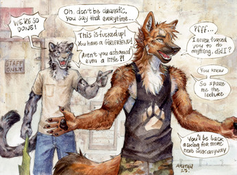 5_fingers anthro apron black_clothing black_shirt black_tank_top black_topwear blue_bottomwear blue_clothing blue_eyes blue_pants bottomwear camo camo_bottomwear camo_clothing camo_pants camo_print clothing dialogue door duo fingerpads fingers fur gesture green_apron green_clothing grey_body grey_fur hand_gesture holding_clothing holding_object looking_at_another male markings multicolored_body multicolored_fur open_mouth pants pattern_bottomwear pattern_clothing pattern_pants pawpads pointing pointing_at_another pointy_ears prick_ears profanity shirt shirt_pocket speech_bubble spots spotted_body spotted_fur tail tank_top teeth text topwear white_body white_clothing white_fur white_shirt white_topwear akatan_art canid canine canis domestic_dog felid german_shepherd herding_dog mammal pantherine pastoral_dog snow_leopard 2025 english_text hi_res painting_(artwork) signature traditional_media_(artwork) traditional_painting_(artwork) traditional_watercolor_(artwork) watercolor_(artwork)