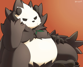 anthro belly black_body black_fur black_nose fur kemono male overweight overweight_anthro overweight_male simple_background sitting solo white_body white_fur zuppu11 nintendo pokemon generation_6_pokemon pangoro pokemon_(species) 2015 5:4