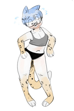 black_clothing black_panties black_underwear blue_hair bodily_fluids bra breasts clothing eyewear female flying_sweatdrops fur glasses grey_bra grey_clothing grey_underwear hair handpaw implied_transformation navel orange_body orange_fur panties paws solo sweat sweatdrop tail training_bra underwear white_body white_fur dondedun delphine_(dondedun) animal_humanoid felid felid_humanoid feline feline_humanoid humanoid leopard mammal mammal_humanoid pantherine