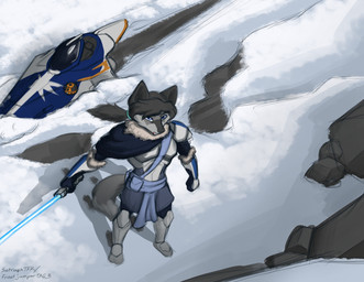 ambiguous_gender armor black_hair blue_eyes blue_lightsaber crash_landing fur grey_body grey_fur hair high-angle_view jedi jedi_tunic lightsaber long_hair melee_weapon mountain snow solo weapon setriaphtfj starfighter star_wars kailun_setra astromech_droid canid canine canis mammal wolf absurd_res hi_res