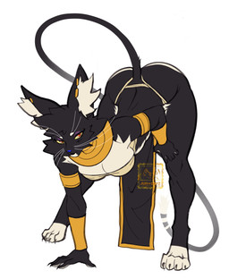accessory anthro armband ass_up bent_over black_body black_fur black_lips blue_nose bottomwear bracelet breasts butt chest_wraps claws cleavage clothed clothing ear_piercing ear_ring egyptian eyelashes female finger_claws fur gold_(metal) gold_armband gold_bracelet gold_jewelry gold_necklace hand_on_ground hanging_breasts inner_ear_fluff jewelry lips loincloth long_tail makeup mascara multicolored_body multicolored_fur necklace piercing pose raised_tail red_eyes ring_piercing simple_background solo tail thong toe_claws tuft two_tone_body two_tone_fur underwear usekh whiskers white_background white_body white_fur white_inner_ear_fluff wraps yellow_sclera junodayz bacardi_(muart242) domestic_cat felid feline felis mammal 2026 absurd_res hi_res pinup signature