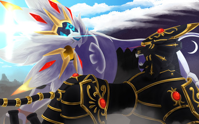 ambiguous_gender black_body black_fur blue_eyes cloud day duo eye_contact feral fighting_pose fur looking_at_another moon muscular muscular_feral night open_mouth pose red_eyes sun white_body white_fur chicoarts bandai_namco digimon nintendo pokemon digimon_(species) felid generation_7_pokemon jagerloweemon legendary_pokemon mammal pantherine pokemon_(species) solgaleo 16:10 widescreen