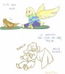 alternate_universe angeltale anthro asriel_dreemurr avian beak bird boss_monster_(undertale) bottomwear bovid caprine clothed clothing comic dialogue duo english_text fan_character fangs feathered_wings feathers fur hi_res male mammal pants red_eyes serpentinesaltern shirt simple_background smile teeth text topwear undertale undertale_(series) white_background white_body white_fur wings