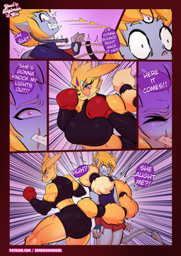 blue_eyes boxing boxing_gloves clothing eyewear female fur glasses handwear mane muscular sport strong_female text yellow_body yellow_fur conditional_dnp yourdigimongirl bandai_namco digimon digi_(yourdigimongirl) beelzemon canid canine digimon_(species) mammal taomon comic digital_media_(artwork) english_text hi_res url