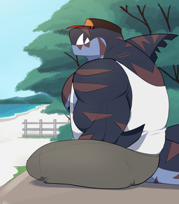 anthro beach big_muscles black_nipples black_sclera bottomwear clothing dorsal_fin fangs fence fin grey_body hat headgear headwear male muscular muscular_anthro muscular_male nipples non-mammal_nipples orange_eyes outside pants plant scar scars_all_over shirt sitting sky solo tail tank_top teeth topwear tree white_clothing white_shirt white_topwear same22shark nelson_(same22shark) aquatic fish shark digital_media_(artwork) hi_res
