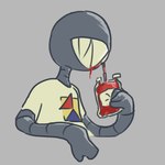 ambiguous_gender anthro blood blood_bag blood_in_mouth bodily_fluids clothed clothing eyeless grey_background grey_body sharp_teeth shirt simple_background solo teeth topwear gglloooopp animal_humanoid annelid annelid_humanoid humanoid leech leech_humanoid 1:1