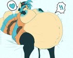 anthro aroused baseball_cap belly belly_inflation big_breasts blue_hair blue_nipples breasts brown_body brown_fur clothing eyes_closed female fur hair hat headgear headwear hose huge_breasts inflation legwear nipple_tape nipples pasties solo speech_bubble tape thigh_highs vore anuki soda_tradewinds canid canine mammal raccoon_dog tanuki 2024 hi_res