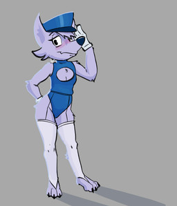 anthro arm_tuft blue_clothing blue_leotard blush bodily_fluids cheek_tuft claws cleavage_cutout clothed clothing cutout elbow_tuft embarrassed facial_tuft female flat_chested fur garter_straps gesture gloves grey_body grey_fur handwear hat headgear headwear leotard looking_at_viewer open_toe_stockings salute shoulder_tuft simple_background skimpy solo standing sweat sweatdrop toe_claws tuft white_clothing white_gloves white_handwear stupidgnoll disney mickey_mouse_works estrella_marina domestic_cat felid feline felis mammal 2026 colored full-length_portrait hi_res portrait shaded