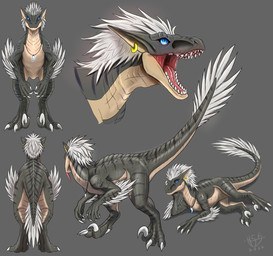 anthro blue_eyes bodily_fluids claws countershading dorsal_frill frill_(anatomy) grey_background long_tail looking_at_viewer male open_mouth orange_sclera saliva side_view simple_background solo tail tongue h56_(hikkoro) hikkoro_wyvern dinosaur dromaeosaurid prehistoric_species reptile saurischian scalie theropod velociraptor hi_res