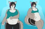 anthro areola areola_slip belly belly_overhang belly_rolls big_belly big_breasts biped black_hair bodily_fluids bottomwear breasts brown_body brown_fur cleavage clothed clothing ear_piercing fat_rolls female fur grey_body grey_fur hair hair_over_eye markings nipple_outline obese obese_anthro obese_female one_eye_obstructed open_mouth overweight overweight_anthro overweight_female piercing shirt shorts simple_background sitting solo standing sweat tank_top thick_thighs tight_clothing tongue tongue_out topwear torn_clothing weight_gain thefoxydragon canid canine canis mammal wolf 2019 absurd_res digital_media_(artwork) hi_res