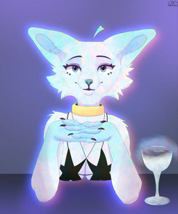 anthro blue_body blue_eyes bra breasts chest_tuft clothing collar container cup date drinking_glass eyelashes female first_person_view glass glass_container glass_cup solo tuft underwear white_body wine_glass soysirsi canid canine mammal adversarial_noise hi_res