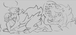 anthro balls big_balls dialogue duo genitals human_on_anthro interspecies male male/male smile text bloowolfy nintendo pokemon hilbert_(pokemon) n_(pokemon) generation_5_pokemon human mammal pokemon_(species) zoroark 2024 english_text greyscale monochrome