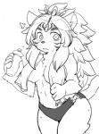 anthro bodily_fluids bottle breasts clothed clothing container female hair kemono long_hair looking_at_viewer solo sweat topless towel water_bottle gut0002 lifewonders tokyo_afterschool_summoners durga_(tas) felid mammal pantherine tiger monochrome