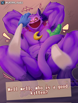 anthro armpit_hair black_sclera body_hair chest_hair collar gradient_background hair male muscular muscular_male nude open_mouth pubes purple_hair simple_background smoke smoke_from_mouth text weird_dab1 mob_entertainment poppy_playtime smiling_critters catnap_(poppy_playtime) domestic_cat felid feline felis mammal 2024 english_text hi_res