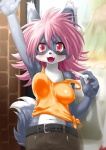 arm_up belt blush breasts canine clothing female fox greone hair jiggle nails pink_hair red_eyes shirt solo waving zipper
Rating: Safe
Score: 6
User: queue
Date: May 10, 2011
