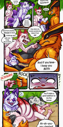 anal anal_penetration angry anthro black_penis blush dialogue dominant dominant_male femboy forest fur fur_markings genitals gloves_(marking) group headpat knot knotted_penis leg_markings licking licking_lips looking_pleasured male male/male male_penetrated male_penetrating male_penetrating_male markings multi_tail muscular muscular_male neck_tuft oral oral_penetration penetration penile penile_penetration penis penis_in_ass penis_in_mouth plant purple_eyes red_eyes rock_paper_scissors sex smug_grin socks_(marking) speech_bubble submissive submissive_male tail text tongue tongue_out tree trio tuft prince-vulpine naruto kurama rook_(rookarino4277) canid canine fox mammal absurd_res comic english_text hi_res multiple_scenes