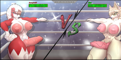 abs anthro anthro_on_anthro areola biceps big_areola big_breasts big_penis bodily_fluids breasts butt claws competition duo erection fighting_ring fur gameplay_mechanics genitals green_body green_fur gui gynomorph gynomorph/gynomorph hair health_bar huge_areola huge_breasts huge_penis humanoid_genitalia intersex intersex/intersex leaning leaning_backward leaning_on_object multicolored_body muscular muscular_anthro muscular_gynomorph muscular_intersex muscular_on_muscular nipples nude penis puffy_areola red_body sex sexual_competition sexual_fight smile stamina_bar standing tail text thick_thighs two_tone_body versus white_body white_fur wrestling zadrex nintendo pokemon liko_(zora.fox) rouphtiff_(zora.fox) canid canine felid feline generation_7_pokemon generation_9_pokemon lycanroc mammal meowscarada midnight_lycanroc pokemon_(species) absurd_res digital_media_(artwork) english_text hi_res