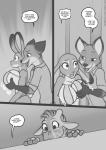 2019 anthro being_watched big_breasts breast_grab breasts canid canine clothed clothing comic dialogue digital_media_(artwork) dipstick_ears disney duo ear_markings english_text female fox freckles_(artist) giraffe giraffid gloves_(marking) greyscale hand_on_breast hi_res huge_breasts judy_hopps lagomorph leporid looking_at_another male male/female mammal markings monochrome multicolored_ears nick_wilde open_mouth rabbit red_fox text true_fox zootopia