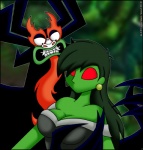 blurred_background breasts duo ear_piercing female green_background green_body green_hair green_skin hair long_hair male mouthless no_pupils not_furry piercing red_eyes simple_background verona7881 cartoon_network fusionfall samurai_jack aku demon 2012