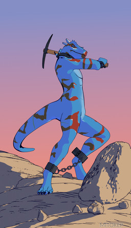 animal_genitalia ankle_cuffs anthro blue_body blue_eyes blue_skin bound chain chained claws collar cuff_(restraint) cut_horn digitigrade finger_claws forced_labor genital_slit genitals horn male markings metal_collar metal_cuffs multicolored_body nude nude_anthro nude_male pickaxe red_markings restraints rock scar servitude shackles sky slave solo tail toe_claws whip_mark white_markings mitokep onase lizard reptile scalie 2025 3d_(artwork) 4:7 blender_(artwork) cel_shading digital_media_(artwork) hi_res shaded
