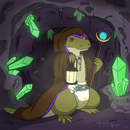 abdl ageplay anthro bodily_fluids cave cloak clothed clothing crystal diaper diaper_fetish genital_fluids magic peeing roleplay standing tail unclean_diaper urine used_diaper wearing_diaper wet wet_diaper wetting dabblefox lizard reptile scalie 1:1 digital_media_(artwork) hi_res