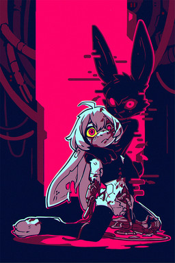 :< ahoge angry anthro arm_tuft bangs big_ears black_body black_fur blood blood_puddle bodily_fluids clothing cybernetic_arm cybernetic_eye cybernetic_limb cybernetics damage damaged duo emotionless facial_tuft featureless_crotch female flat_chested fur gore hair hologram hug hugging_another kneeling legwear long_ears looking_at_viewer machine notched_ear pose pupils red_eyes shoulder_tuft solo_focus tuft white_body white_fur white_hair wire yellow_sclera polygoncherub clover_(polygoncherub) lucky_(polygoncherub) lagomorph leporid mammal rabbit robot_anthro 2026 2:3 colored detailed digital_drawing_(artwork) digital_media_(artwork) hi_res shaded