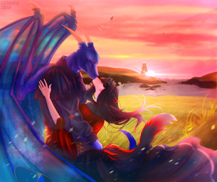 anthro black_body black_fur black_hair blue_body blue_scales clothed clothing corset detailed_background duo eyes_closed female fur hair horn kissing lingerie male membrane_(anatomy) membranous_wings outside red_body red_fur romantic romantic_ambiance scales size_difference sunset tail topwear white_body white_fur wings leonifa mythology felicity_longis twitch_(twitch) canid canine dragon fox mammal mythological_creature mythological_scalie scalie 2018 absurd_res digital_media_(artwork) hi_res