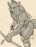 anthro arrow_(weapon) blue_eyes bottomwear bow_(weapon) claws clothing fangs feather_jewelry footwear jewelry legwear loincloth male necklace quiver_(object) ranged_weapon solo teeth tribal weapon richard_foley smokepaw canid canine canis mammal wolf 2024 hi_res monochrome restricted_palette sepia