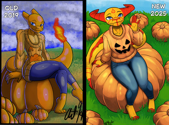blue_eyes clothing food fruit gesture grass hair horn markings orange_body orange_scales outside plant pumpkin red_hair scales sitting waving bear213 nintendo pokemon naughty_charizard naughty_salamonce amphibian charizard generation_1_pokemon lizard pokemon_(species) reptile salamander scalie 2025 hi_res