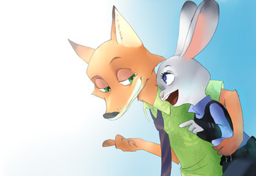 4_fingers anthro belt belt_pouch black_nose blue_eyes bottomwear bulletproof_vest clothing dipstick_ears duo ear_markings eye_contact female fingers fur gesture gradient_background green_eyes grey_body grey_fur hand_gesture long_ears looking_aside looking_at_another male multicolored_ears necktie open_mouth orange_body orange_fur pants pink_nose pointing shirt side_view simple_background smile topwear white_body white_fur wrist_guards motsuko8 disney zootopia judy_hopps nick_wilde canid canine fox lagomorph leporid mammal rabbit red_fox true_fox 2016