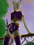 3:4 anthro balustrade clothing domestic_cat dress felid feline felis fence fur grey_body grey_fur hair hi_res latex leaf male mammal melee_weapon purple_clothing purple_dress riron_blep short_hair simple_background solo sword tight_clothing weapon