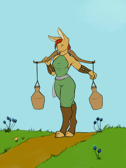 armor blue_eyes bottomwear breasts carrying_pole clothed clothing dirt ears_up female flower fungus fur grass hair halter_top holding_object jug leg_warmers legwear looking_forward mushroom outside pants path plant red_hair sash sky solo standing tan_body tan_fur vambrace cryphalen lagomorph leporid mammal rabbit 2019 3:4