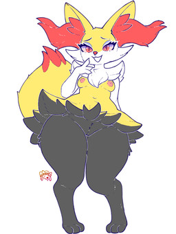 3_fingers 3_toes anthro arm_tuft belly biped black_body black_fur black_vulva blue_eyeshadow breasts cheek_tuft chest_tuft claws digitigrade dipstick_tail eyebrows eyelashes eyeshadow facial_tuft feet female female_anthro finger_claws fingers fluffy fluffy_tail front_view fur genitals hair hand_behind_back hip_tuft humanoid_genitalia humanoid_vulva inner_ear_fluff innie_vulva inverted_nipples knock-kneed logo looking_at_viewer low-angle_view makeup markings multicolored_body multicolored_fur navel nipples nude nude_anthro nude_female open_:3 open_mouth open_smile orange_body orange_eyes orange_fur orange_inner_ear_fluff orange_nose orange_tail_tip pink_nipples pointy_ears pokemorph prick_ears raised_arm raised_inner_eyebrows shoulder_tuft simple_background small_breasts smile solo standing tail tail_markings thick_eyelashes thick_thighs toes tuft two_tone_tail vulva white_background white_body white_claws white_fur yellow_body yellow_fur yellow_tail sharalythesheep game_freak nintendo pokemon braixen canid generation_6_pokemon mammal pokemon_(species) 2025 3:4 absurd_res artist_logo colored digital_drawing_(artwork) digital_media_(artwork) english_description flat_colors full-length_portrait hi_res portrait