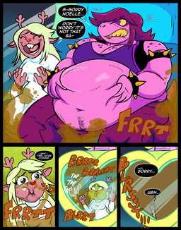 amusement_ride anthro antlers armband belly belly_hair big_belly blonde_hair blush bodily_fluids body_hair bottomwear bracelet breasts brown_antlers brown_body brown_fur clothed clothed_anthro clothed_female clothing dialogue duo eyelashes fart fart_cloud fart_fetish fart_sniffing farting_female female female_farting ferris_wheel freckled_breasts freckled_face freckled_shoulders freckles fully_clothed fully_clothed_anthro fully_clothed_female fur gassy hair happy_trail horn huge_belly jewelry laugh long_eyelashes looking_sickened motion_lines obese obese_anthro obese_female one_eye_obstructed overweight overweight_anthro overweight_female pants pubes purple_body purple_bottomwear purple_clothing purple_hair purple_pants purple_shirt purple_topwear red_nose robe shirt sniffing speech_bubble spiked_armband spiked_bracelet spikes spotted_breasts spotted_face spotted_shoulders tears text topwear unconscious visible_sniffing white_clothing white_robe happypokeyboy deltarune undertale_(series) noelle_holiday susie_(deltarune) deer lizard mammal monster new_world_deer reindeer reptile scalie 2026 absurd_res comic english_text hi_res