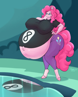 8_ball anthro ball belly big_belly big_breasts big_butt billiard_ball black_clothing black_shirt black_topwear blue_eyes breasts butt clothing cutie_mark female hair hand_on_hip huge_belly huge_breasts huge_butt huge_thighs long_hair navel nipple_outline outie_navel pink_body pink_hair pond pregnant pregnant_anthro pregnant_female shirt solo swimming_pool thick_thighs thinking topwear tiggybloom friendship_is_magic hasbro my_little_pony pinkie_pie_(mlp) equid equine horse mammal pony digital_media_(artwork) hi_res