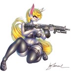 automatic_weapon belt big_breasts blonde_hair bottomwear breasts clothed clothing female footwear fur grenade_launcher grey_body grey_fur gun hair horn legwear looking_away m203 midriff plantigrade ranged_weapon red_eyes shoes shorts simple_background solo thigh_highs topwear weapon white_background wings lament hasbro my_little_pony mythology fan_character equid equine mammal mythological_creature mythological_equine winged_unicorn absurd_res digital_media_(artwork) hi_res signature