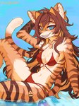 alternate_species anthro armwear bikini blue_eyes bra breasts brown_body brown_fur brown_hair clothing female fur furrification hair jewelry legwear long_hair looking_at_viewer necklace outside seaside smile solo striped_body striped_fur stripes swimwear tail teeth two-piece_swimsuit underwear water creamytako genshin_impact mihoyo dehya_(genshin_impact) felid lion mammal pantherine 3:4 hi_res