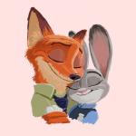 ambiguous_gender anthro cheek_tuft clothed clothing dipstick_ears duo ear_markings eyes_closed facial_tuft fur grey_body grey_fur inner_ear_fluff multicolored_ears necktie orange_body orange_fur pink_background pink_nose shirt simple_background smile topwear tuft tony_helms disney zootopia judy_hopps nick_wilde canid canine fox lagomorph leporid mammal rabbit red_fox true_fox 1:1 hi_res