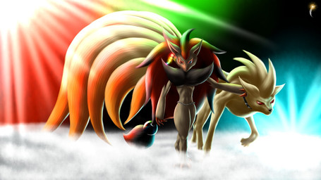 ambiguous_gender anthro black_body black_fur blonde_hair claws collar duo feral fur grey_body grey_fur hair head_markings highlights_(coloring) inner_ear_fluff markings multi_tail orange_body orange_fur ponytail red_claws red_eyes red_hair tail tuft walking yellow_body yellow_fur dark_violet nintendo pokemon firenze_(cafe_plaisir) canid canine generation_1_pokemon generation_5_pokemon mammal ninetales pokemon_(species) zoroark 16:9 2015 widescreen