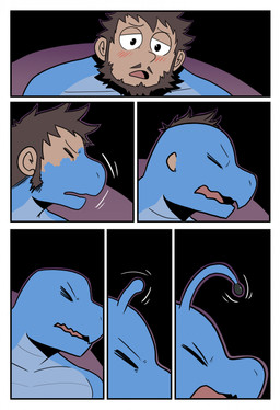 antennae_(anatomy) anthro beard blue_body blue_scales blush eyes_closed facial_hair growth male male_anthro mid_transformation motion_outline mustache nude scales snout snout_growth solo transformation transformation_sequence t0l0k mythology domo_(ben300) alien dragon human mammal mythological_creature mythological_scalie scalie comic hi_res