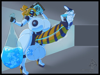 big_penis clothing cock_vore condom duo filled_condom footwear genitals gynomorph high_heels huge_penis intersex intersex/male machine male penile penis sexual_barrier_device shoes size_difference vore blu_(bludoe) bre-3 lagomorph mammal robot