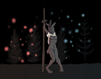 anthro barely_visible_genitalia bottomless bound breasts brown_eyes clothed clothing digitigrade female forest fur genitals grey_body grey_fur plant pole shirt shirt_only shirt_up solo tail topwear topwear_only tree vulva garbagegarage lagomorph leporid mammal rabbit hi_res
