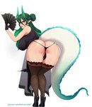 anus big_breasts breasts butt clothing female footwear green_hair hair hair_bun hand_fan high_heels horn humanoid_pointy_ears legwear panties pointy_ears rear_view shoes simple_background solo tail text thigh_highs thong underwear white_background nofuture mythology animal_humanoid dragon dragon_humanoid horned_humanoid humanoid mythological_creature mythological_scalie scalie tailed_humanoid 2023 hi_res url