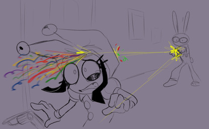 accidental_death anthro clenched_teeth confetti dropping_object duo female gunshot hallway male shocked shot_in_head tears_of_pain teeth chimeracocks creatingchimera glitch_productions the_amazing_digital_circus jax_(tadc) pomni_(tadc) digital_creature humanoid lagomorph leporid mammal rabbit absurd_res hi_res