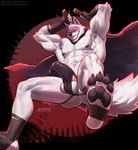 abs anthro arm_wrapping arm_wraps armpit_hair arms_above_head barazoku black_background bodily_fluids body_hair bottomwear cape cheek_tuft circle_background claws clothed clothing dual_wielding erection erection_under_clothing erection_under_underwear evil_grin facial_markings facial_tuft fluffy fluffy_tail fur fuzzy genital_fluids genitals glowing glowing_eyes grin hand_wrapping hand_wraps head_markings head_tuft holding_object holding_weapon humanoid_genitalia humanoid_penis leg_wraps looking_at_viewer male markings mask_(marking) muscular muscular_anthro muscular_male nipples pawpads penis pose precum precum_through_clothing precum_through_underwear raised_arms red_eyes sickle simple_background smile solo spread_legs spreading stirrup_legwear tail teeth topless tuft underwear weapon wet wet_clothing white_body white_fur wrapped_arms wrapped_legs wraps amon-sydonai dreamworks puss_in_boots_(franchise) death_(puss_in_boots) canid canine canis mammal wolf hi_res