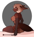 anthro bed breasts brown_body brown_fur ear_tuft female fur furniture hair harness nipples on_bed orange_eyes riding_crop side_boob side_view sitting sitting_on_bed solo tuft whip white_hair morgdl saoirse_(allen_fuller) domestic_cat felid feline felis mammal hi_res