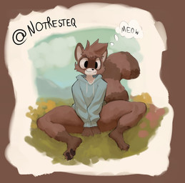 :3 ambiguous_anthro ambiguous_gender anthro big_eyes big_tail biped black_nose black_pawpads blue_clothing blue_hoodie blue_topwear blurred_background border bottomless bottomless_ambiguous bottomless_anthro brown_body brown_border brown_ears brown_face brown_feet brown_fur brown_hair brown_hands brown_legs brown_tuft cheek_tuft closed_smile clothed clothed_ambiguous clothed_anthro clothing countershade_face countershade_fur countershade_torso countershading cross-eyed day drawstring_hoodie drawstring_topwear ears_up facial_markings facial_tuft feet front_view fur hair head_empty head_markings hindpaw hood_down hoodie hoodie_only leg_markings long_sleeves markings mask_(marking) meow monotone_clothing monotone_feet monotone_hair monotone_hands monotone_hoodie monotone_legs monotone_topwear mouth_closed multicolored_body multicolored_face multicolored_fur on_grass on_ground outside pawpads paws ring_(marking) ringed_tail short_hair sitting sitting_on_grass sitting_on_ground smile socks_(marking) solo spread_legs spreading striped_markings striped_tail stripes tail tail_markings tan_body tan_countershading tan_face tan_fur tan_inner_ear text thick_thighs thought_bubble topwear topwear_only triangle_nose tuft twitter_handle white_drawstring wrinkles_in_clothes tcsrjx unnamed_raccoon_(tcsrjx) mammal procyonid raccoon 2026 digital_media_(artwork) english_description english_text full-length_portrait hi_res portrait signature male_(lore)